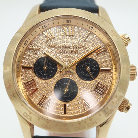 Michael Kors Layton Glitz Gold Black Chronograph 44mm Watch Blue Leather Strap - Picture 6 of 15